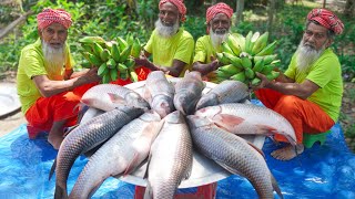 Raw Banana Mixed Rohu Fish Recipe  Bengali Fish Curry Cooking for Old Age Special people [upl. by Hetty]