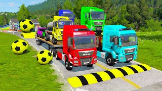 Double Flatbed Trailer Truck vs Speedbumps Train vs Cars BeamngDrive 18 [upl. by Erdnua]