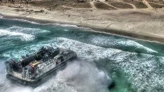 US Military Hovercraft LCAC amp Assault Amphibious Vehicle Beach Landing Aerial View [upl. by Llevad257]