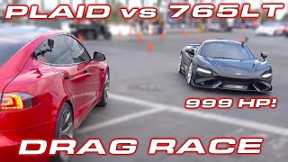 HOW TO BEAT A PLAID  1000 HP McLaren 765LT vs Tesla Model S Plaid DRAG RACE [upl. by Ellimaj]