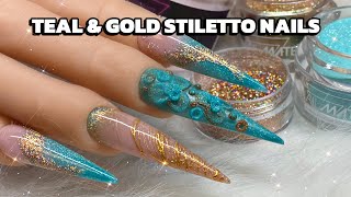 ✨🩵TEAL AND GOLD XL STILETTO ACRYLIC NAILS TUTORIAL🩵✨ [upl. by Mcleod]