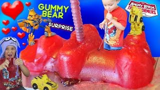 Kid Drinks Jelly from Giant Gummy Bear  Valentines Day Angry Birds Transformers Surprise Part 2 [upl. by Gnuj]