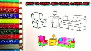 Sofa Drawing  How to Draw and Color a Sofa Set  Sofa Set Drawing step by step  Sofa Set sofa [upl. by Athenian202]