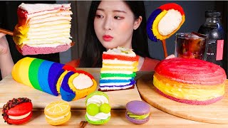 무지개 디저트 🌈 레인보우 케이크 마카롱 먹방RAINBOW DESSERT FEAST 💜 CAKES AND MACARON MUKBANG レインボーケーキマカロン Kue pelangi [upl. by Housum]