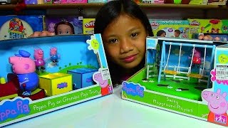 Peppa Pig on Grandpa Pigs Train and Peppa Pig Swing Playground Playset [upl. by Hoes]