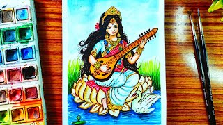 Maa Sarswati Devi Drawing With Watercolor 🖌️सरस्वती माता How to draw Saraswati Mata step by step [upl. by Ylla278]