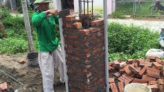 How To Buiding Brick Columns Extremely High With Brick And Mortar  Amazing Construction Project [upl. by Hamas]