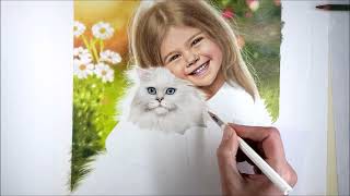 Drawing in Colored Pencil  a Little Girl with Her White Cat  TimeLapse  Jasmina Susak [upl. by Leda]