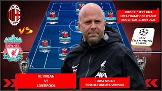 TODAY MATCH 11 PLAYERS SELECTED By Arne Slot Predicted XI UCL MATCH DAY 1  AC MILAN VS LIVERPOOL [upl. by Yanrahc]