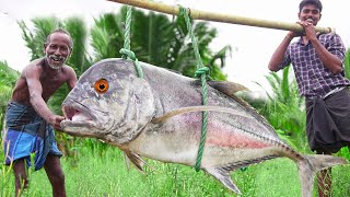 40kg MONSTER TREVALLY FISH PEPER GARLIC FRY  Cutting and Cooking Huge Boneless Fish  Village [upl. by Arondel]