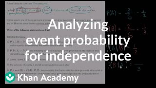 Analyzing event probability for independence  Probability and Statistics  Khan Academy [upl. by Ehav]