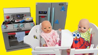 Baby Born dolls Lunch Routine with Little tikes Fridge and stove Kitchen [upl. by Enirual]