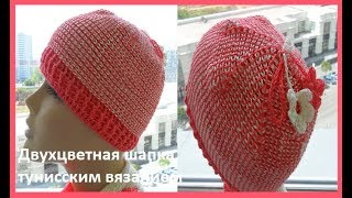 Двухцветная шапочка тунисским вязанием  How Tunisian crochet hat Ш № 85 [upl. by Nosyaj]