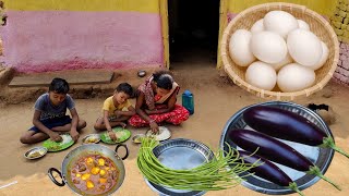 Brinjal With Egg Recipe Cooking In Village  Long Beans Bhujia By Rural Mother And Son [upl. by Akela]