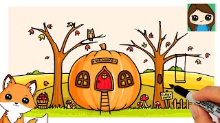 How to Draw a Magical Pumpkin Fall Scenery 🍁Cute Autumn Landscape Art [upl. by Angil]