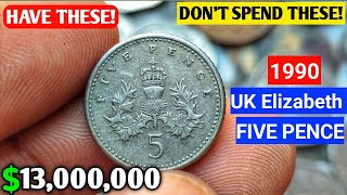 Most Ultra Rare amp Valuable 1990 Uk Elizabeth Small 5 Pence Worth a Thousand of Dollars [upl. by Rosalee]