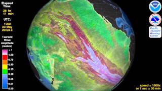 Tsunami Animation Valdivia Chile 1960 rotating globe [upl. by Atirehs]