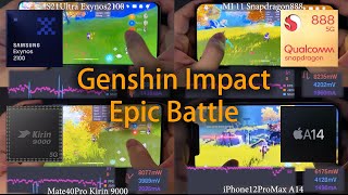 Exynos 2100 vs Snapdragon 888 vs Kirin 9000 vs A14 Epic Genshin Impact Test of 2021 Flagship Phones [upl. by Rehpatsirhc744]