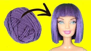 DIY Barbie Hairstyles with Yarn  How To Make Purple Doll Hair for Old Toys [upl. by Hewett109]