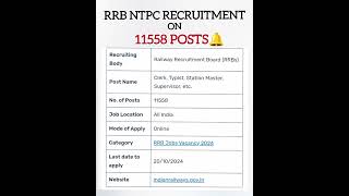 RRB NTPC RECRUITMENT FOR VARIOUS 11000 VACANCIES🚩✅ jobs [upl. by Aeriela]