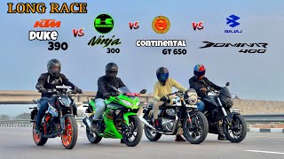 Kawasaki ninja 300 vs ktm duke 390 gen 3 vs continental gt 650 vs Bajaj dominar 400  QUAD BATTLE [upl. by Ilek]