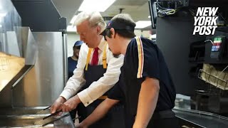 Trump works fry cooker at McDonald’s — and MAGA faithful line up to order [upl. by Moazami241]