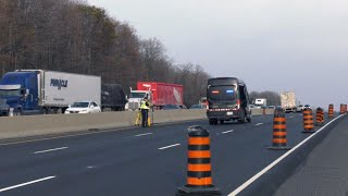 Wheel detached from van causes fatal 401 crash near Cambridge Ontario [upl. by Cirderf963]