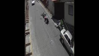 Biker and Pillion Rider Fall Off as Motorcycle Rolls Backwards Downhill  1512919 [upl. by Adnyc]