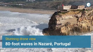 Drone Captures Nazarés 80Foot Wave Spectacle [upl. by Gettings]