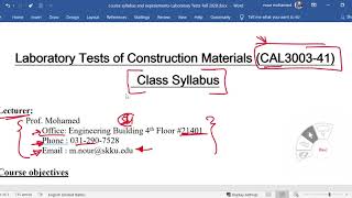 Laboratory Tests of Construction Materials CAL300341 Course Contents Dr Noureldin [upl. by Masuh243]