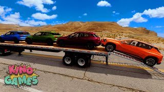 Double Flatbed Trailer Truck vs Speedbumps Train vs Cars  Tractor vs Train BeamngDrive 07 [upl. by Brieta]