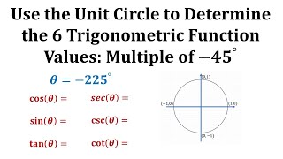 Determine 6 Trig Function Values Using the Unit Circle 225 Degrees Mult of 45 [upl. by Ortrude736]