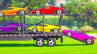 FLATBED TRAILER CARS TRANSPORTATION with TRUCK  SUV OFFROAD CARS TRANSPORTING BRICKADE TRUCKS GTA5 [upl. by Oikim]