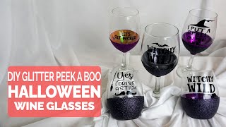 DIY Glitter Peek A Boo Halloween Wine Glasses With a Cricut [upl. by Enotna513]