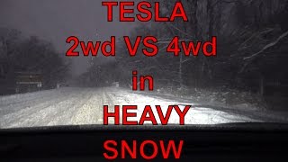 Tesla Motors 2wd vs 4wd in SnowPoor Weather RideAlong [upl. by Nnawtna]