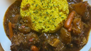 Jamaican Oxtail Stew with yellow rice and cornbread [upl. by Trabue895]