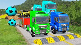 Double Flatbed Trailer Truck vs Speedbumps Train vs Cars  Tractor vs Train BeamngDrive 058 [upl. by Bartholemy306]