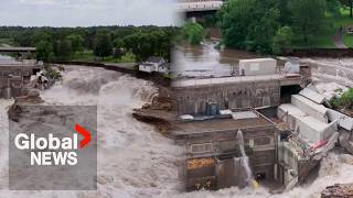 Dam failure causes house to collapse into floodswelled river in Minnesota [upl. by Lasser]