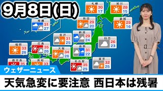 9月8日日の天気予報 関東甲信は天気急変に要注意 西日本は残暑厳しい [upl. by Inhsor]