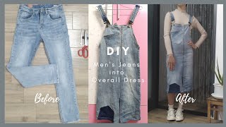 Refashion DIY  Transform old MENS JEANS into OVERALL DRESS  Tiny House [upl. by Kauffman]