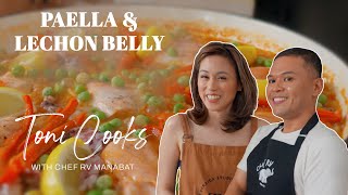 Toni Cooks with chefrvmanabat  Paella amp Lechon Belly [upl. by Anifled]