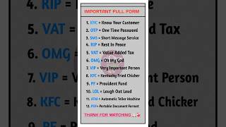 Full Form of OTP KYC RIP PDF PF SMS ATM fullform gkinhindi gkquestion shorts shortsfeed [upl. by Corneille]