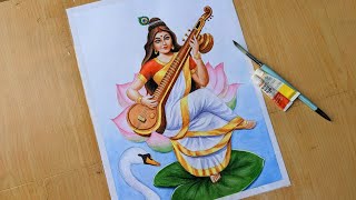 How to paint Saraswati Mata  Watercolour Painting  Saraswati Puja special painting [upl. by Civ]