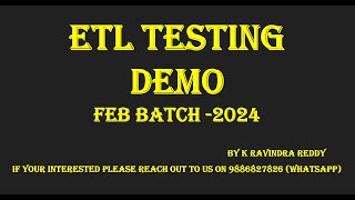 ETL Testing Demo Master the Essential Techniques Feb Batch [upl. by Ahseei]