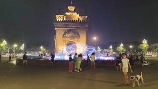 Patuxai Park tourist attractions in Vientiane Laos Beautiful water fountain at 6 pm [upl. by Randy]