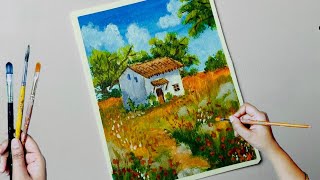 Easy Landscape Painting🍂 Acrylic Painting on paper🏠 step by step by Priyanka Kakati [upl. by Karin191]