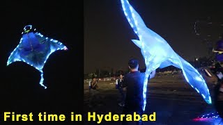 Remote control kite with led lights first time in hyderabad \\ International kite festival 2019 [upl. by Nonnaer]