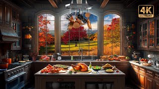 Thanksgiving Day Ambience with Autumn Views Falling Leaves and Kitchen ASMR Sounds  4K 🦃🧑‍🍳🍁 [upl. by Vannie]