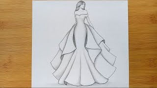 How to draw a girl with Beautiful Dress for Beginners  pencil sketch step by step [upl. by Eldoria715]