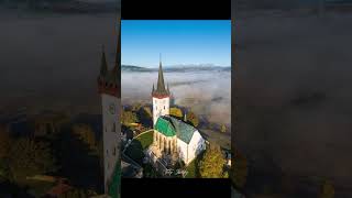 Aerial shot of Spissky Stvrtok medieval church during one of the autumn mornings spisskystvrtok [upl. by Yadahs943]